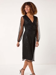 Roman Black Embellished V-Neck Wrap Dress - Image 1 of 5