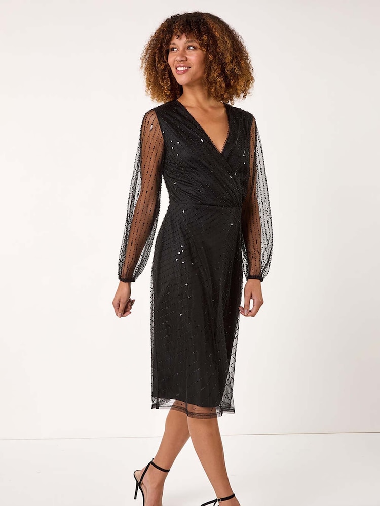 Roman Black Embellished V-Neck Wrap Dress - Image 1 of 5