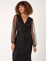 Roman Black Embellished V-Neck Wrap Dress - Image 2 of 5