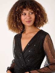 Roman Black Embellished V-Neck Wrap Dress - Image 4 of 5