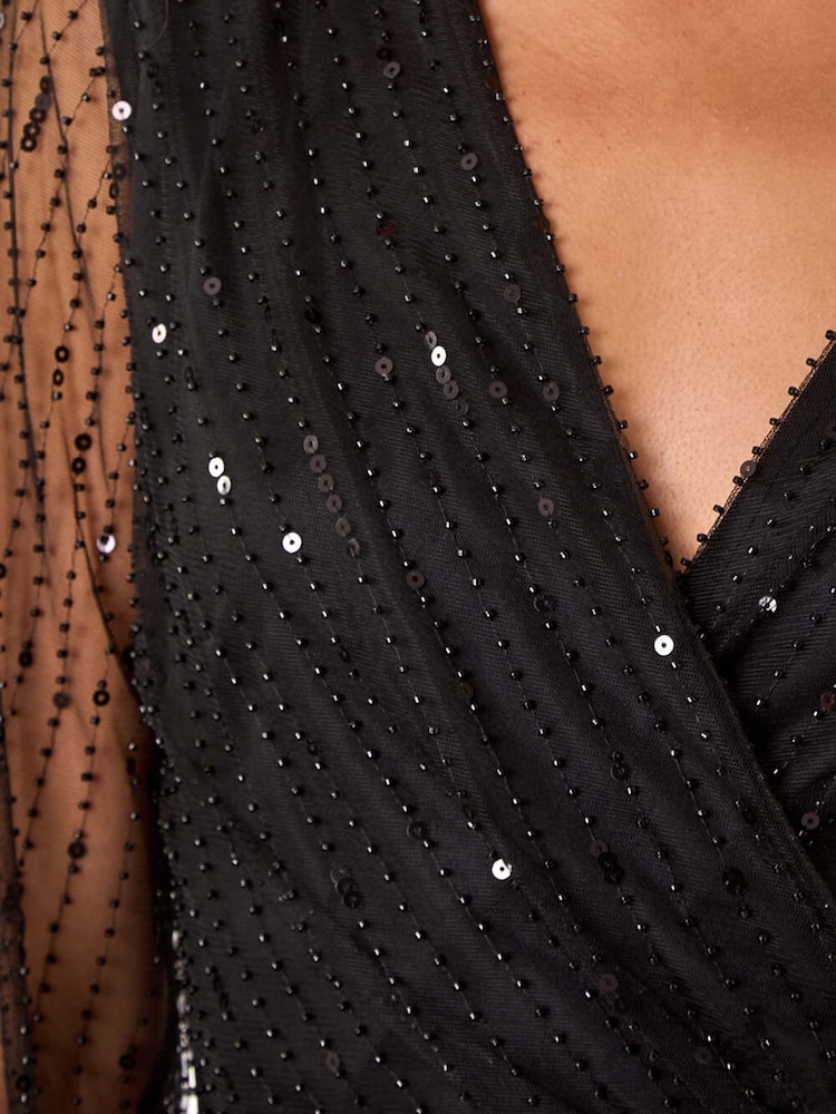 Roman Black Embellished V-Neck Wrap Dress - Image 5 of 5