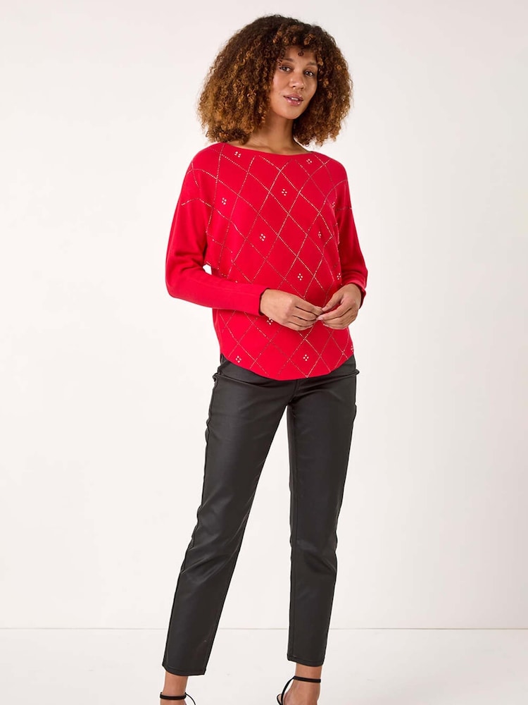 Roman Red Aryglle Embellished Knit Jumper - Image 2 of 5 Roman Red Aryglle Embellished Knit Jumper - Image 2 of 5