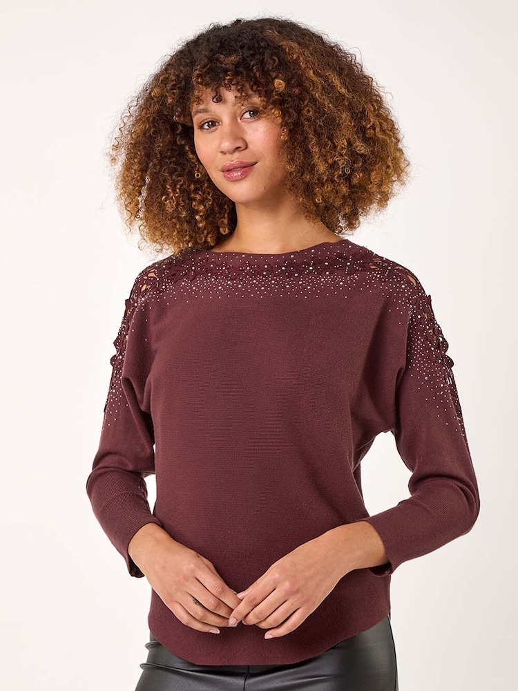 Roman Red Curve Contrast Embellished Knit Jumper - Image 1 of 5