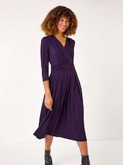 Roman Purple Mock Wrap V-Neck Stretch Midi Dress - Image 1 of 5