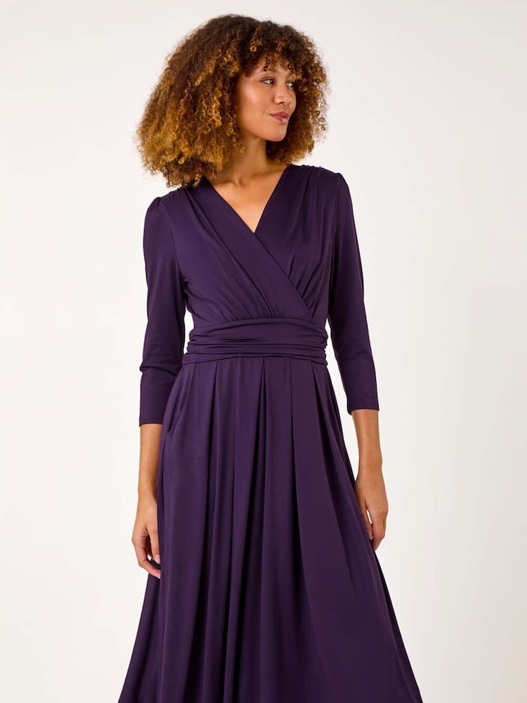 Roman Purple Mock Wrap V-Neck Stretch Midi Dress - Image 2 of 5