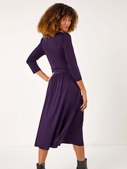 Roman Purple Mock Wrap V-Neck Stretch Midi Dress - Image 3 of 5