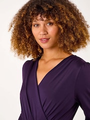 Roman Purple Mock Wrap V-Neck Stretch Midi Dress - Image 4 of 5