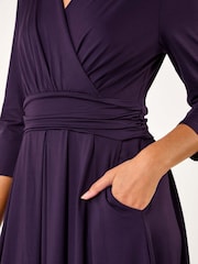 Roman Purple Mock Wrap V-Neck Stretch Midi Dress - Image 5 of 5