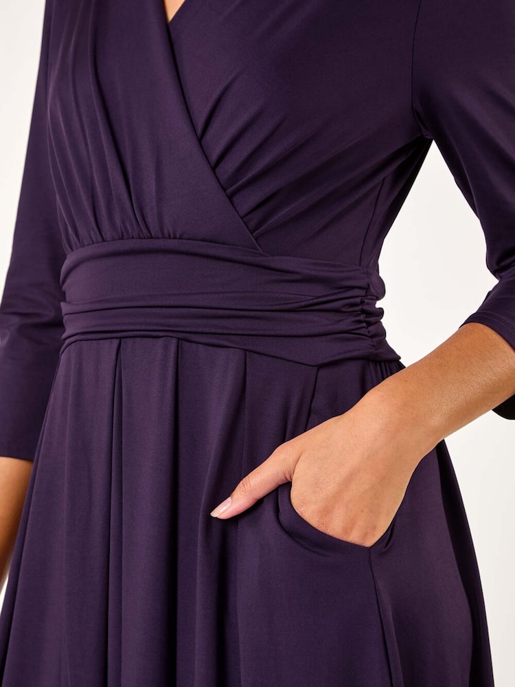 Roman Purple Mock Wrap V-Neck Stretch Midi Dress - Image 5 of 5