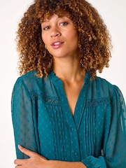 Roman Blue Dobby Lace Front Pleated Blouse - Image 1 of 5