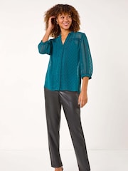 Roman Blue Dobby Lace Front Pleated Blouse - Image 2 of 5