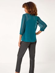 Roman Blue Dobby Lace Front Pleated Blouse - Image 3 of 5