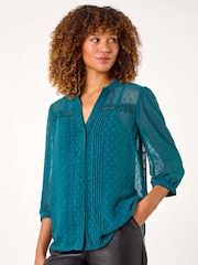 Roman Blue Dobby Lace Front Pleated Blouse - Image 4 of 5