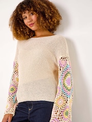 Roman White Multi Crochet Detail Knit Jumper - Image 1 of 5