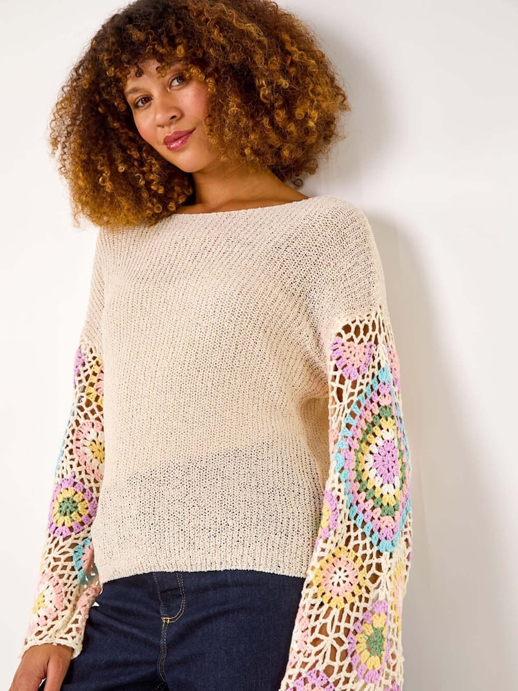 Roman White Multi Crochet Detail Knit Jumper - Image 1 of 5