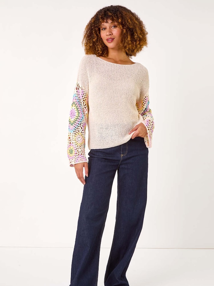 Roman White Multi Crochet Detail Knit Jumper - Image 2 of 5