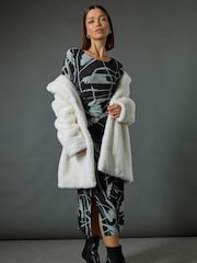 Roman Black Abstract Side Ruched Midi Dress - Image 1 of 7