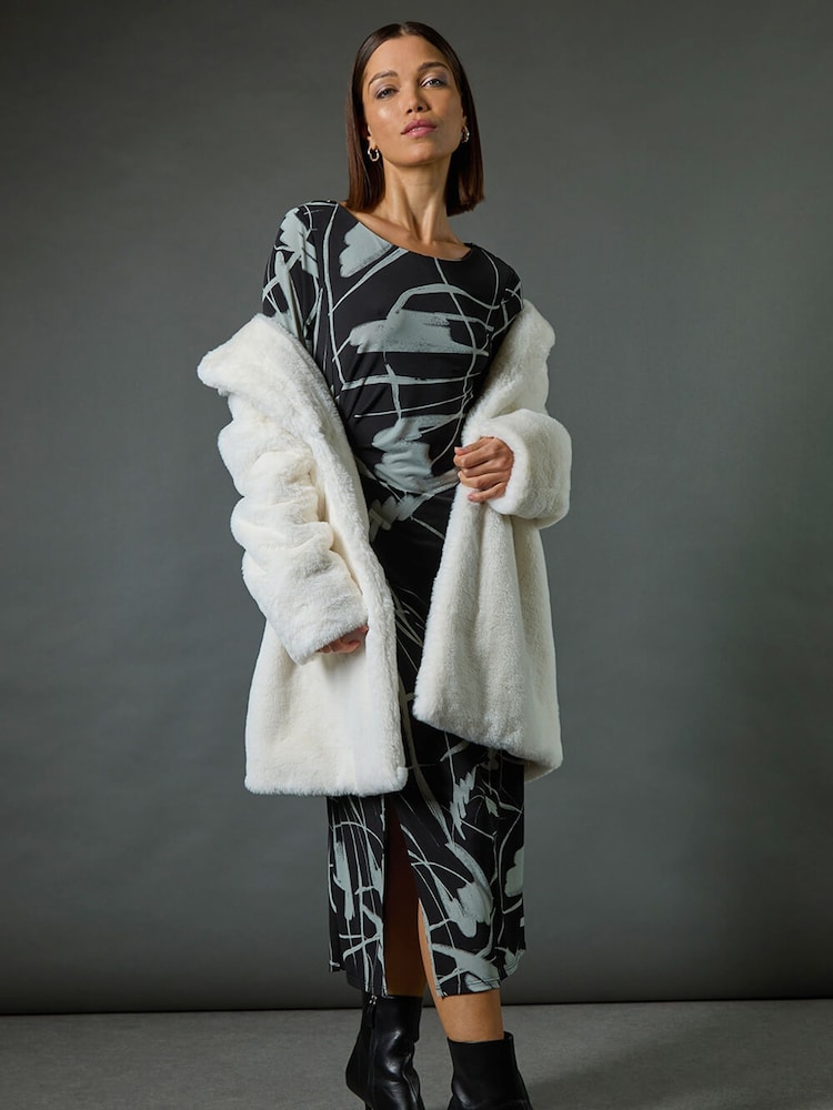 Roman Black Abstract Side Ruched Midi Dress - Image 1 of 7