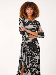 Roman Black Abstract Side Ruched Midi Dress - Image 3 of 7