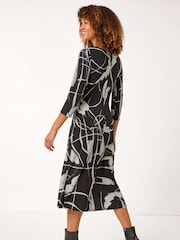 Roman Black Abstract Side Ruched Midi Dress - Image 5 of 7