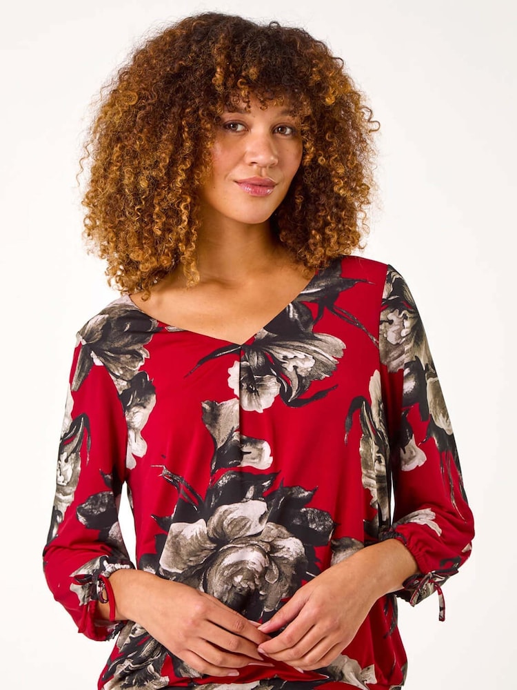 Roman Red V-Neck Floral Print Tie Sleeve Top - Image 1 of 5
