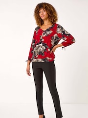 Roman Red V-Neck Floral Print Tie Sleeve Top - Image 2 of 5