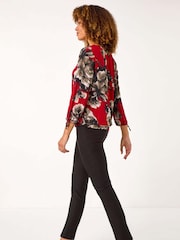 Roman Red V-Neck Floral Print Tie Sleeve Top - Image 3 of 5