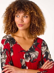 Roman Red V-Neck Floral Print Tie Sleeve Top - Image 4 of 5