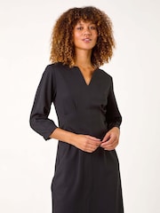 Roman Black Ponte Notch Neck Midi Dress - Image 1 of 5