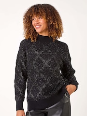 Roman Black Diamond Print Tinsel High Neck Jumper - Image 1 of 5