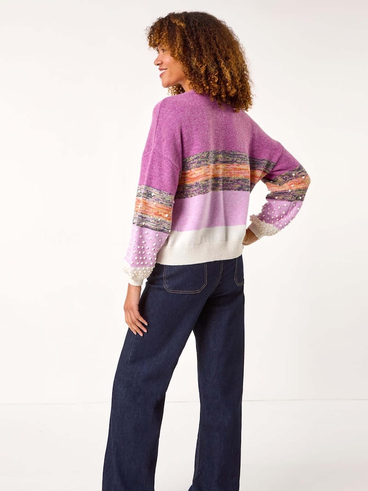 Fioletowy - Teksturowany sweter dzianinowy Roman z okrągłym dekoltem i pomponami - Image 3 of 5