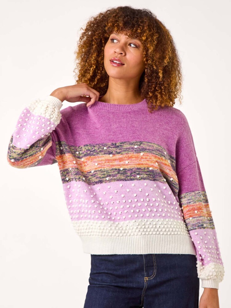 Fioletowy - Teksturowany sweter dzianinowy Roman z okrągłym dekoltem i pomponami - Image 4 of 5