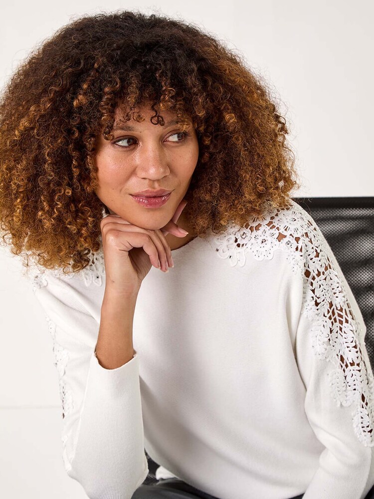 Roman White Contrast Sleeve Trim Knit Jumper - Image 1 of 5 Roman White Contrast Sleeve Trim Knit Jumper - Image 1 of 5
