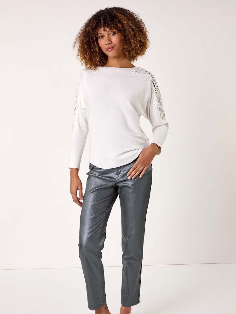 Roman White Contrast Sleeve Trim Knit Jumper - Image 2 of 5