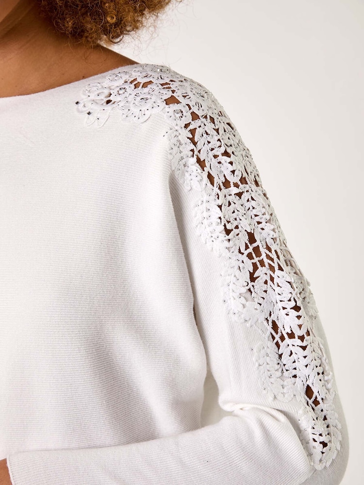 Roman White Contrast Sleeve Trim Knit Jumper - Image 5 of 5