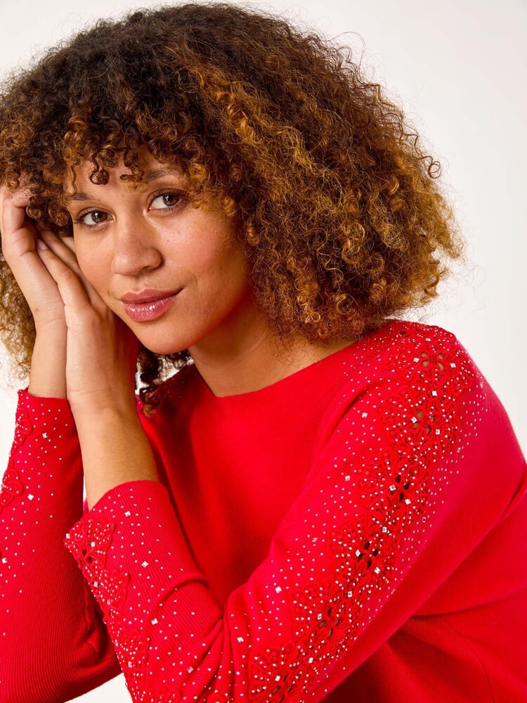Roman Red Shimmer Sleeve Embellish Knit Jumper - Image 1 of 5