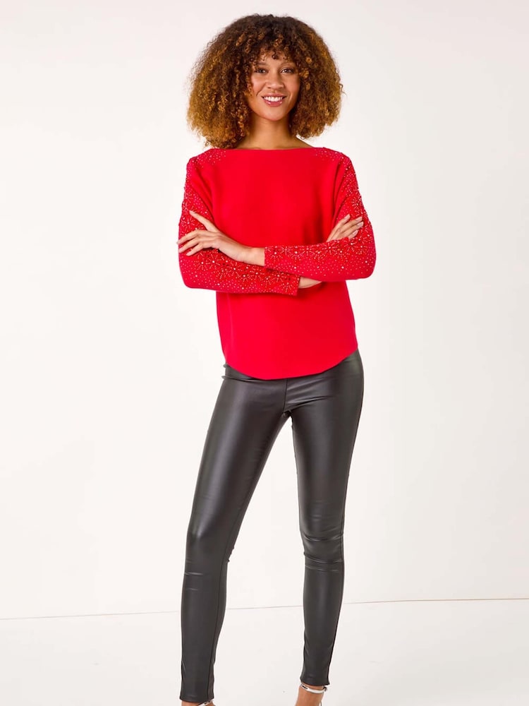 Roman Red Shimmer Sleeve Embellish Knit Jumper - Image 2 of 5