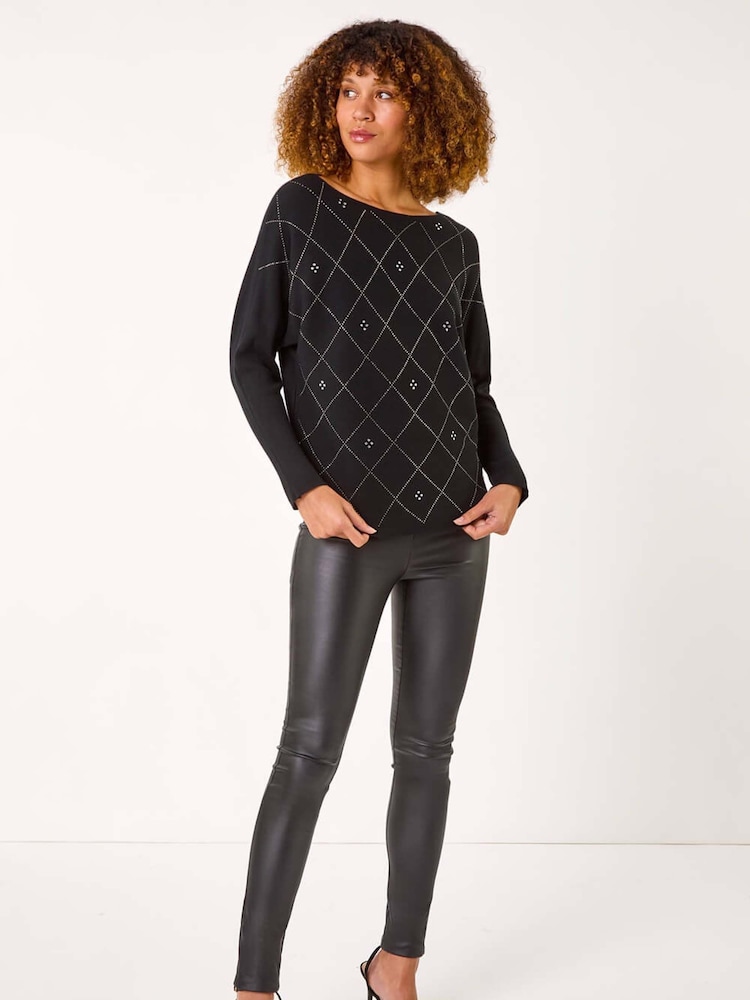 Roman Black Aryglle Embellished Knit Jumper - Image 2 of 5 Roman Black Aryglle Embellished Knit Jumper - Image 2 of 5