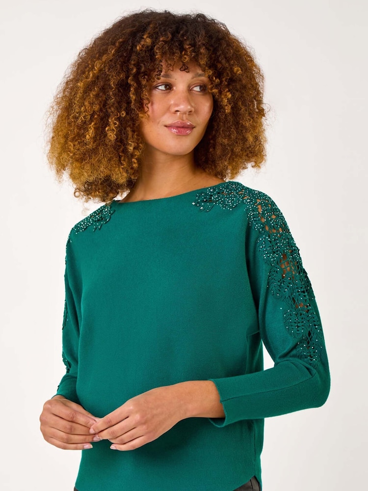 Roman Green Contrast Sleeve Trim Knit Jumper - Image 1 of 5 Roman Green Contrast Sleeve Trim Knit Jumper - Image 1 of 5