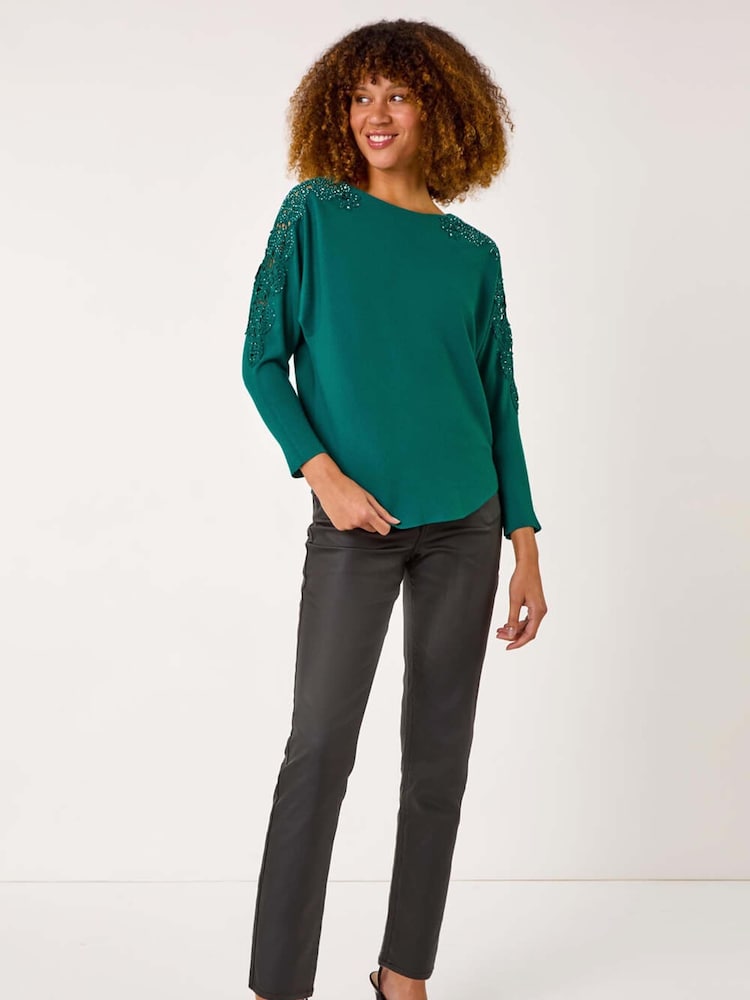 Roman Green Contrast Sleeve Trim Knit Jumper - Image 2 of 5