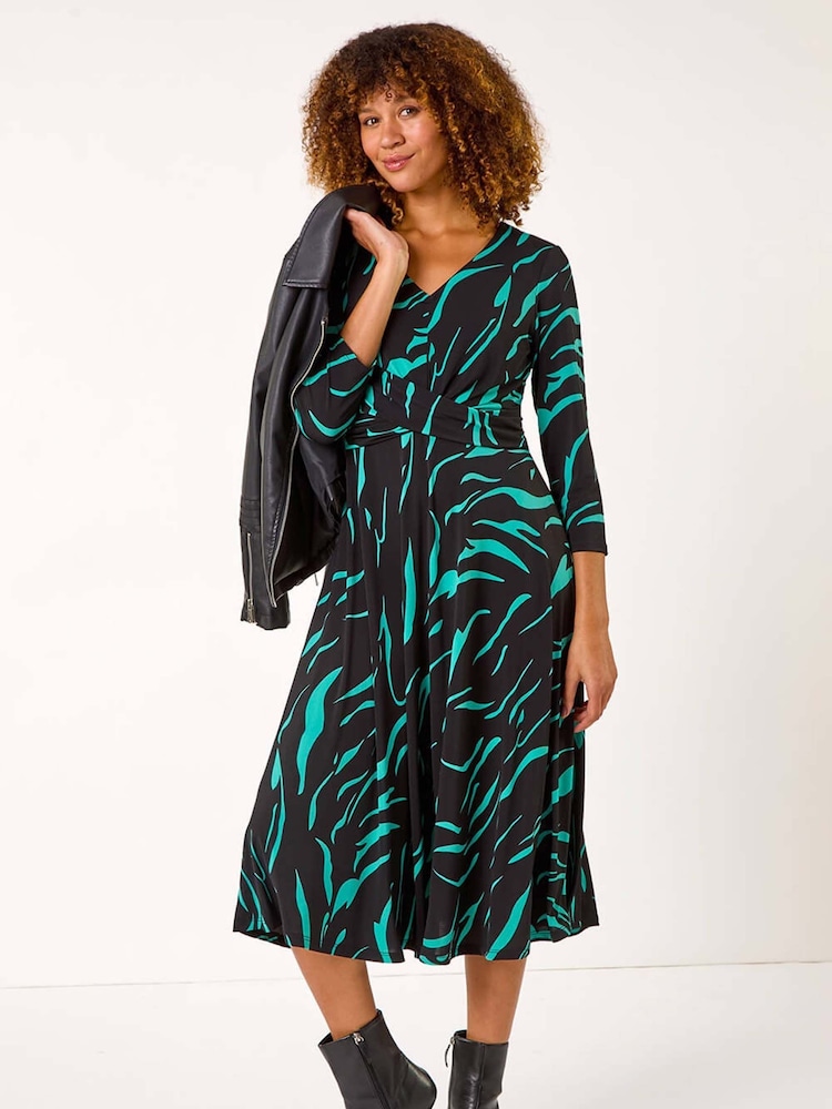 Roman Blue Animal Print Wrap Midi Dress - Image 1 of 5