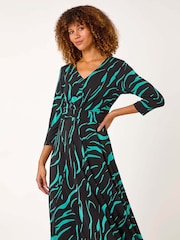 Roman Blue Animal Print Wrap Midi Dress - Image 2 of 5