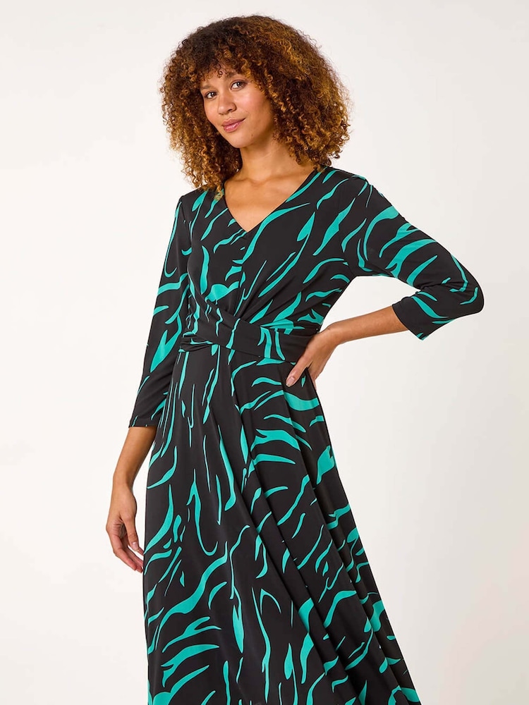 Roman Blue Animal Print Wrap Midi Dress - Image 2 of 5