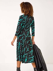 Roman Blue Animal Print Wrap Midi Dress - Image 3 of 5
