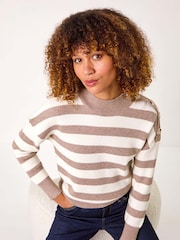 Roman Brown Button Shoulder Detail Stripe Knit Jumper - Image 1 of 5