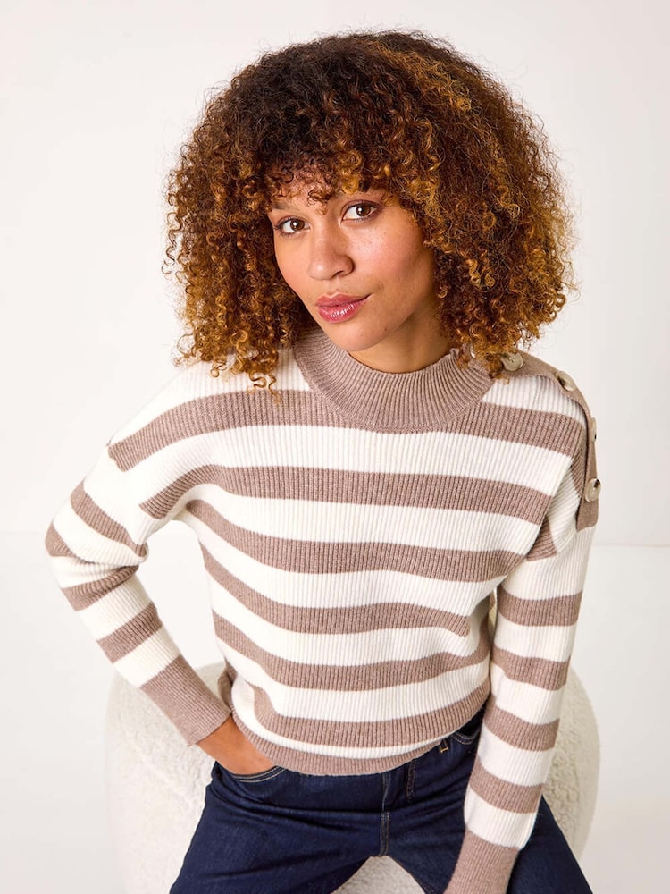 Roman Brown Button Shoulder Detail Stripe Knit Jumper - Image 1 of 5