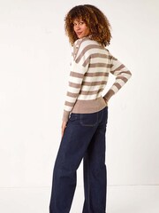 Roman Brown Button Shoulder Detail Stripe Knit Jumper - Image 3 of 5