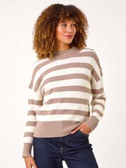 Roman Brown Button Shoulder Detail Stripe Knit Jumper - Image 4 of 5