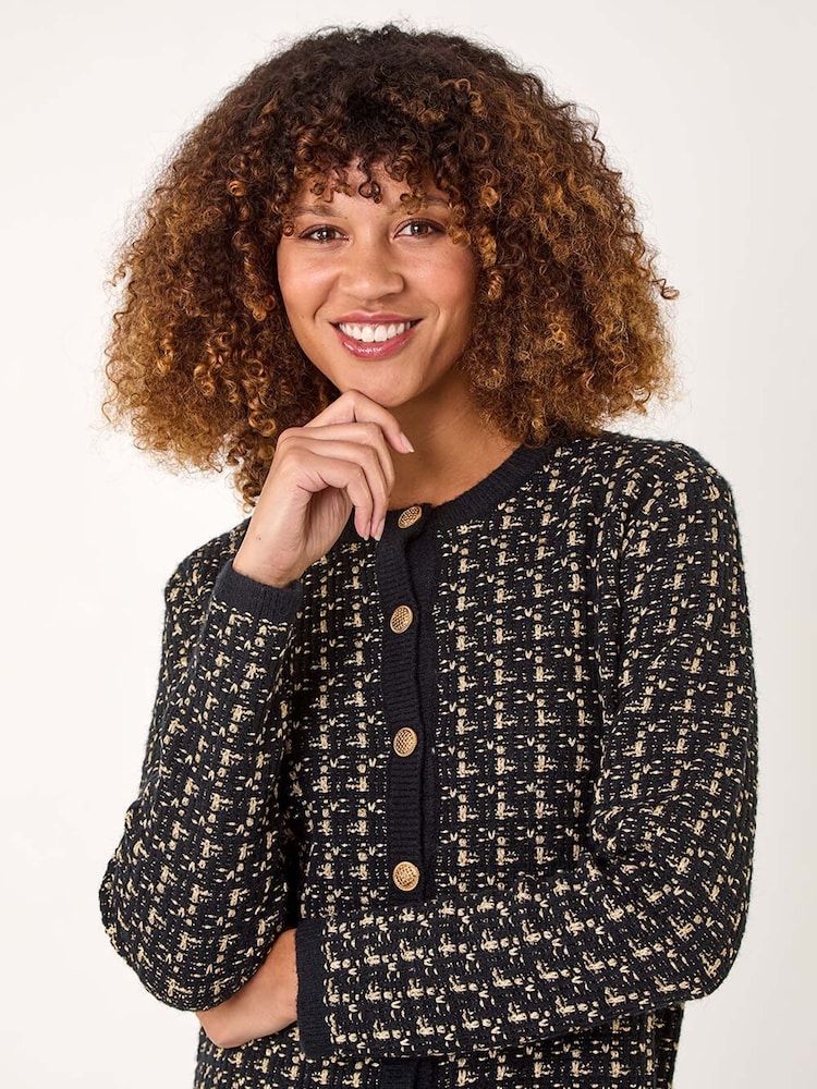 Roman Black Textured Boucle Button Knit Cardigan - Image 2 of 5