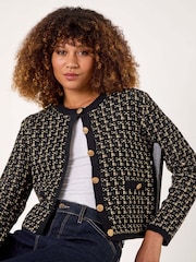 Roman Black Textured Boucle Button Knit Cardigan - Image 4 of 5